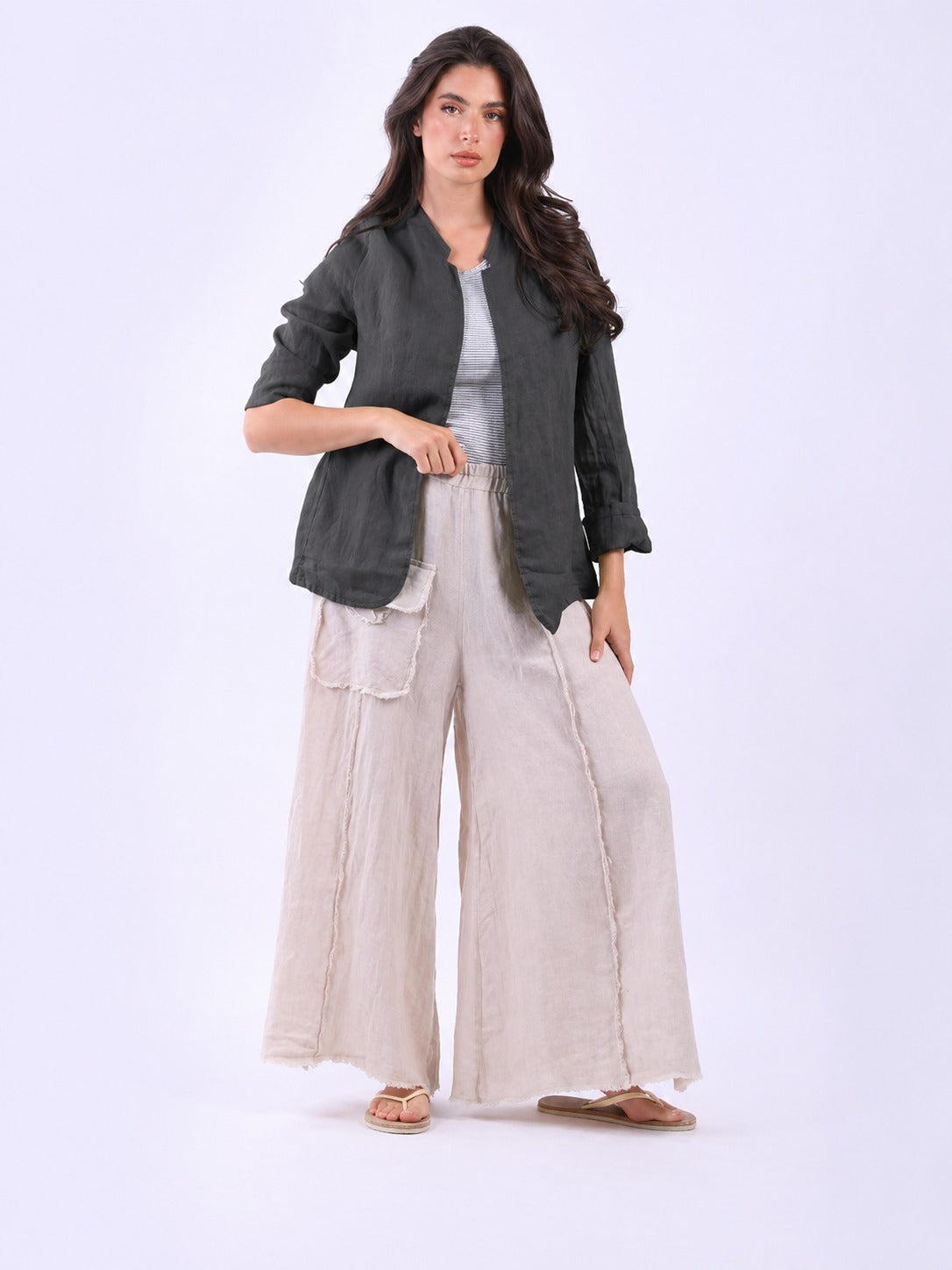 Ladies Open Front Solid Linen Jacket