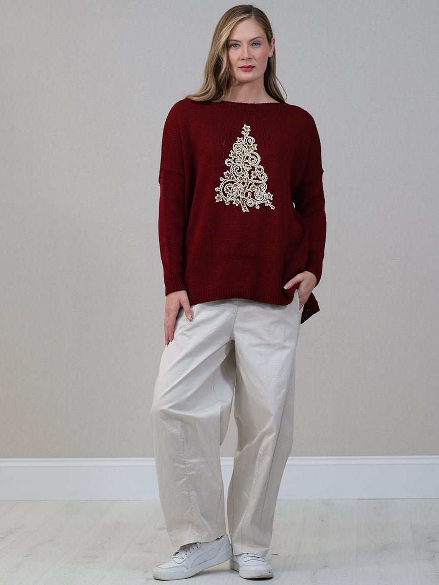 Crochet Xmas Tree Jumper Wine