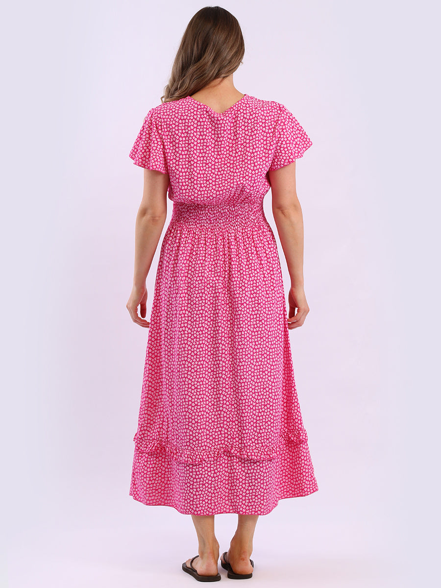 V Wrap Neck Smocked Floral Dress