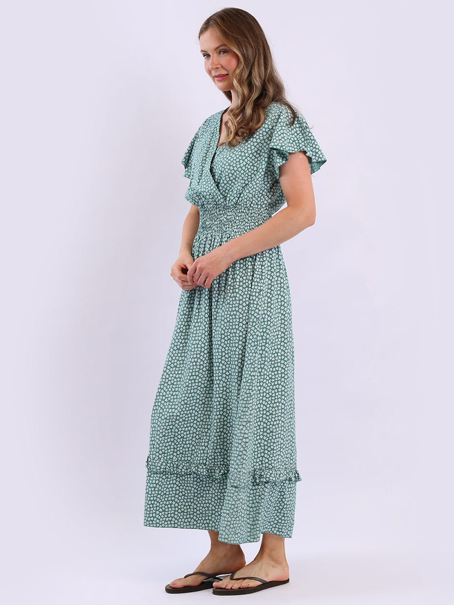 V Wrap Neck Smocked Floral Dress