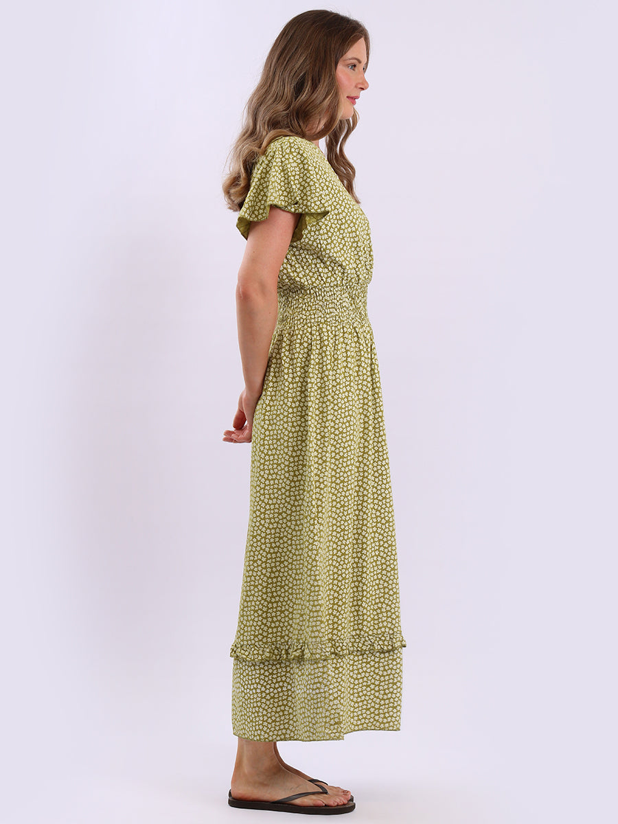 V Wrap Neck Smocked Floral Dress
