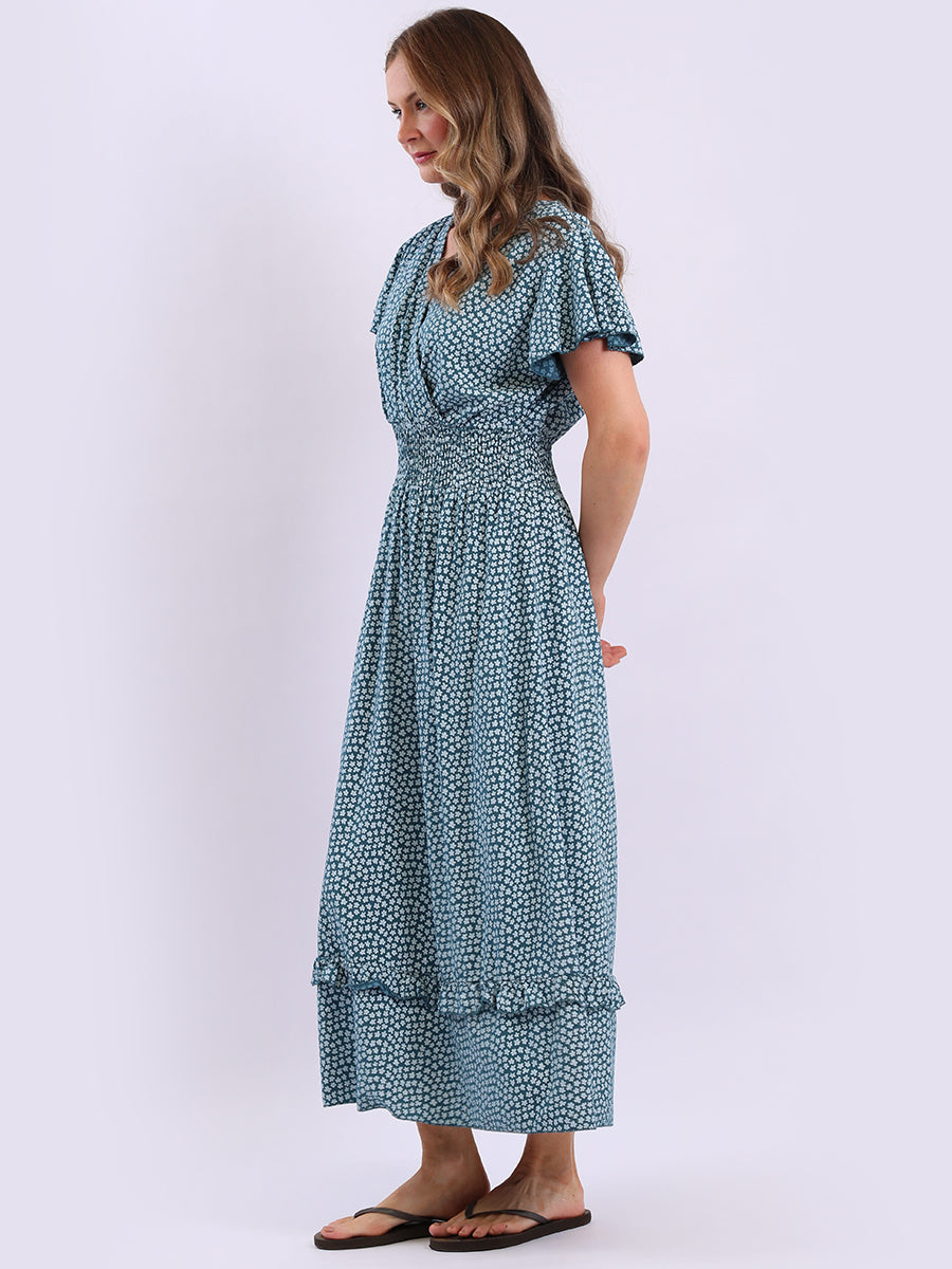 V Wrap Neck Smocked Floral Dress