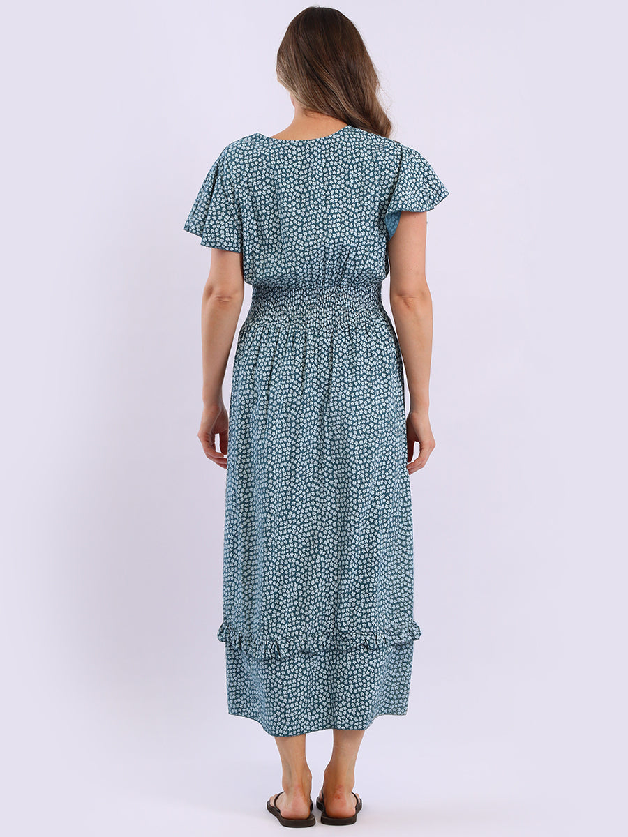 V Wrap Neck Smocked Floral Dress