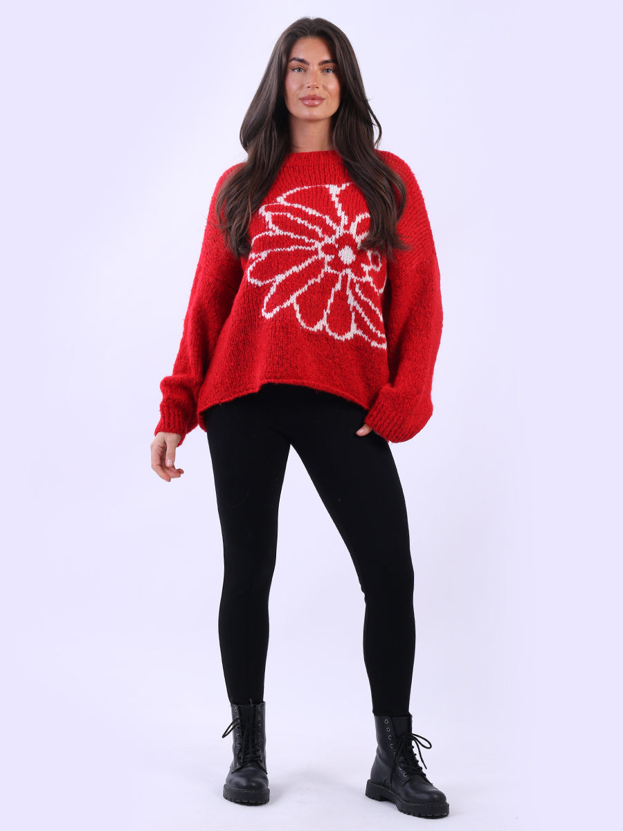 Drop Shoulder Floral Knit Wooly Jumper