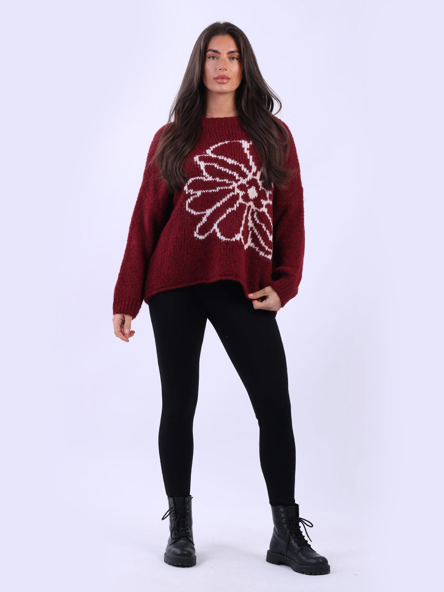 Drop Shoulder Floral Knit Wooly Jumper