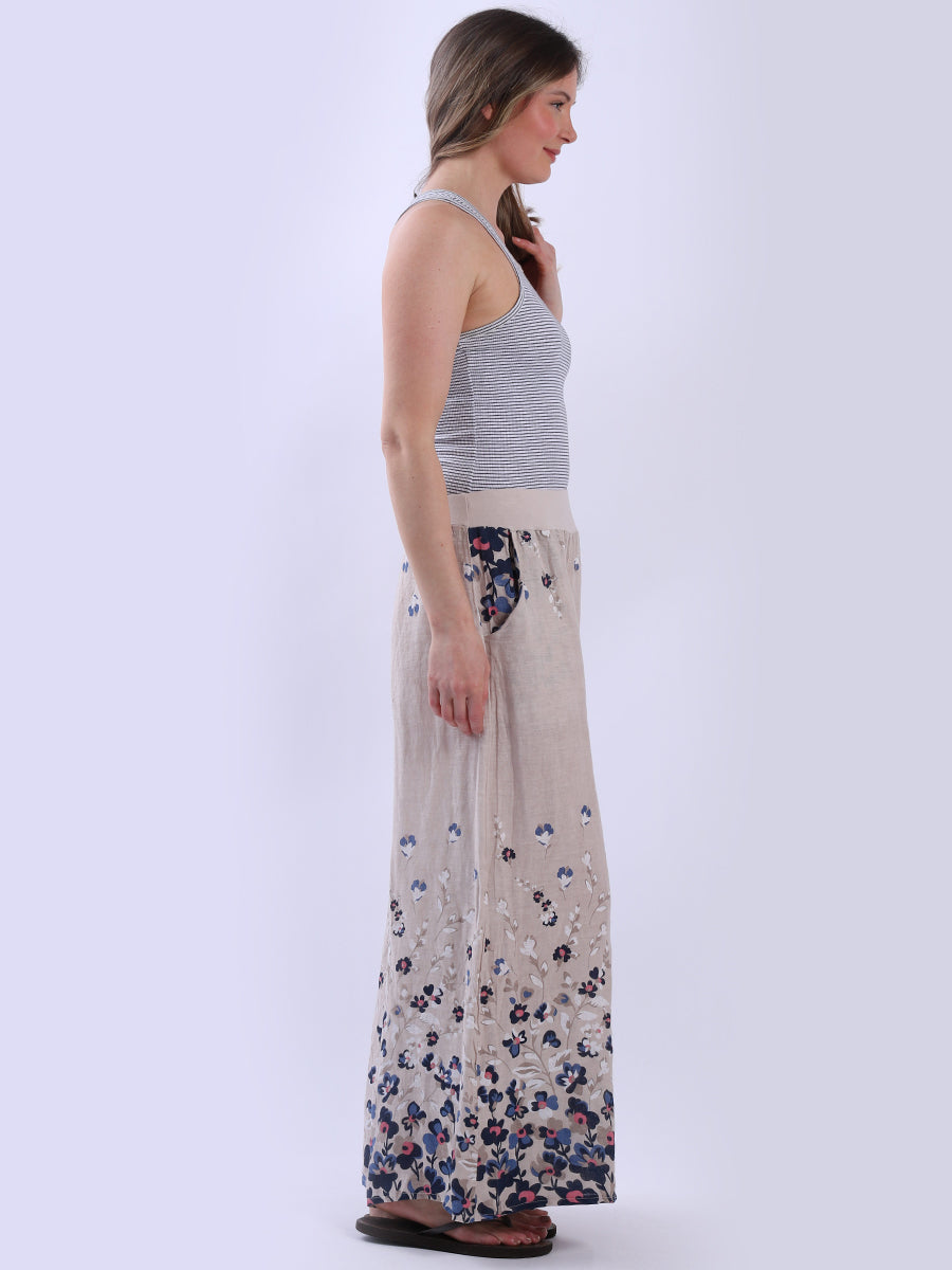 Wide Leg Floral Linen Trouser