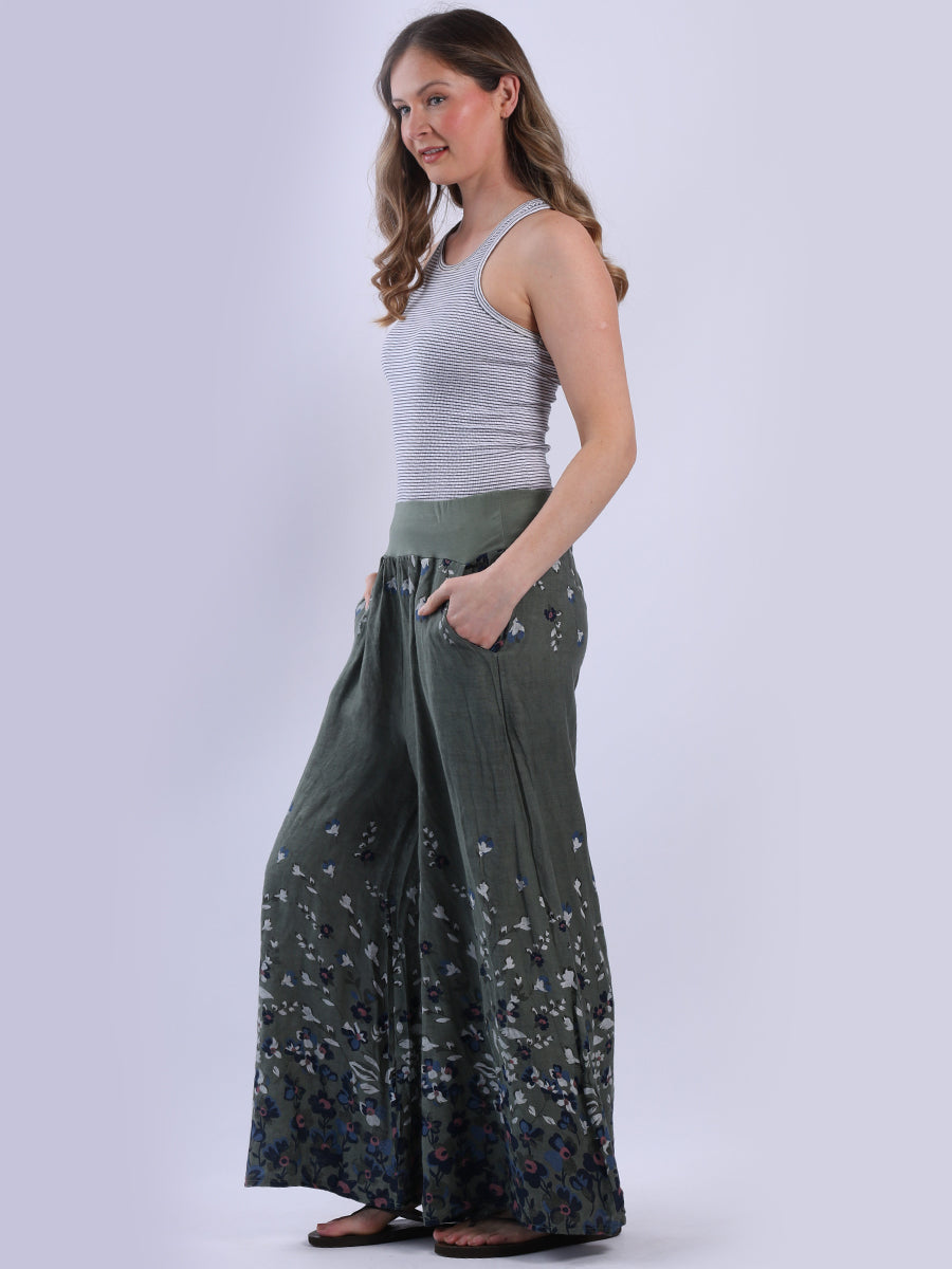 Wide Leg Floral Linen Trouser