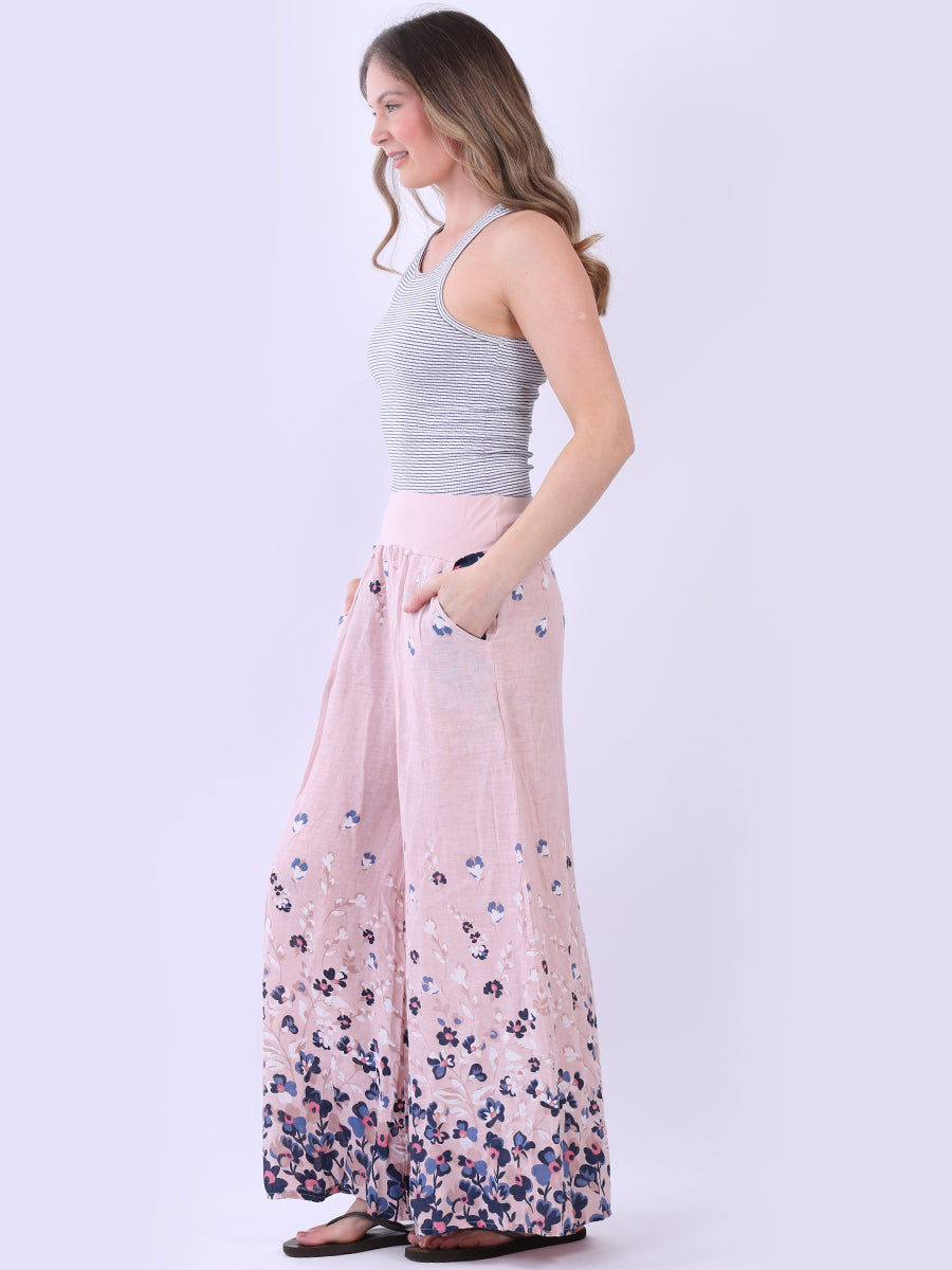 Wide Leg Floral Linen Trouser