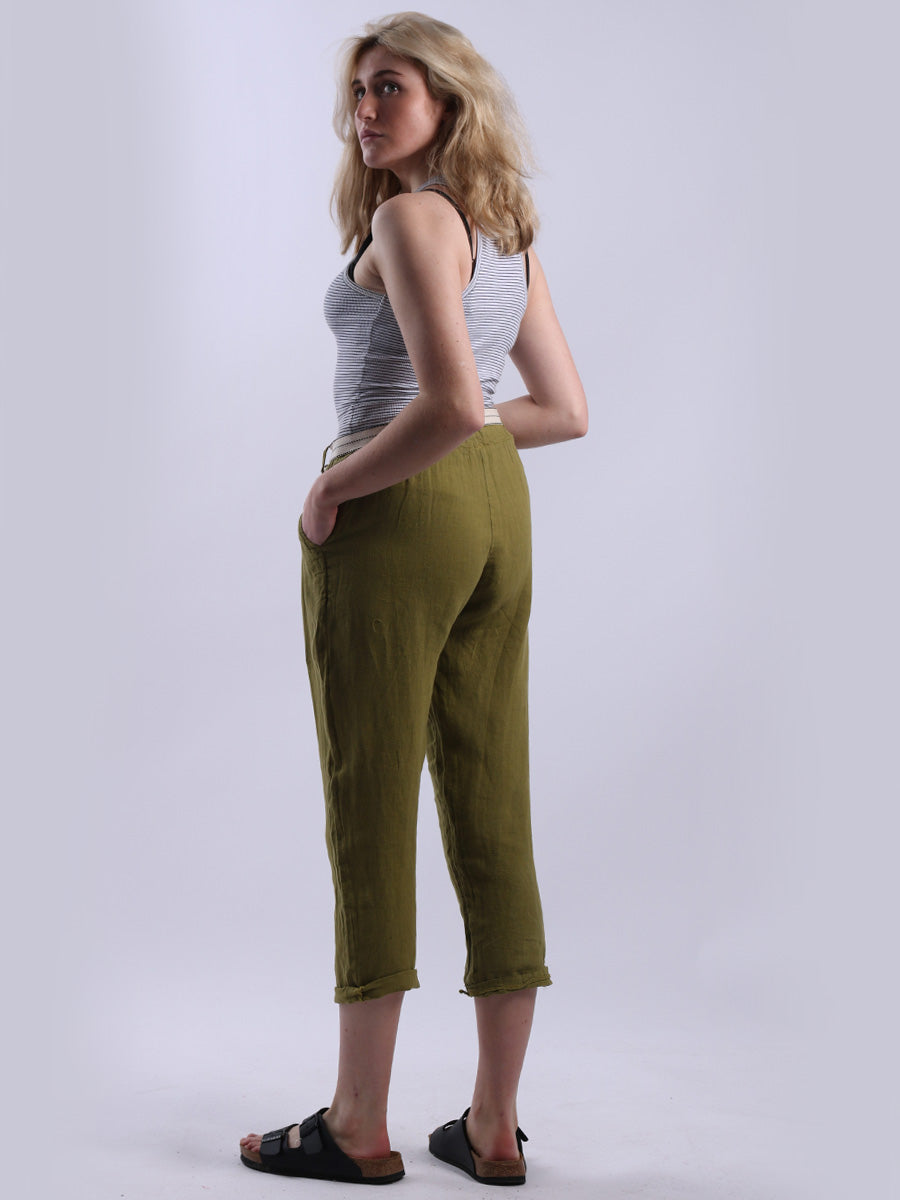Ladies Plain Linen Cropped Capri Pants