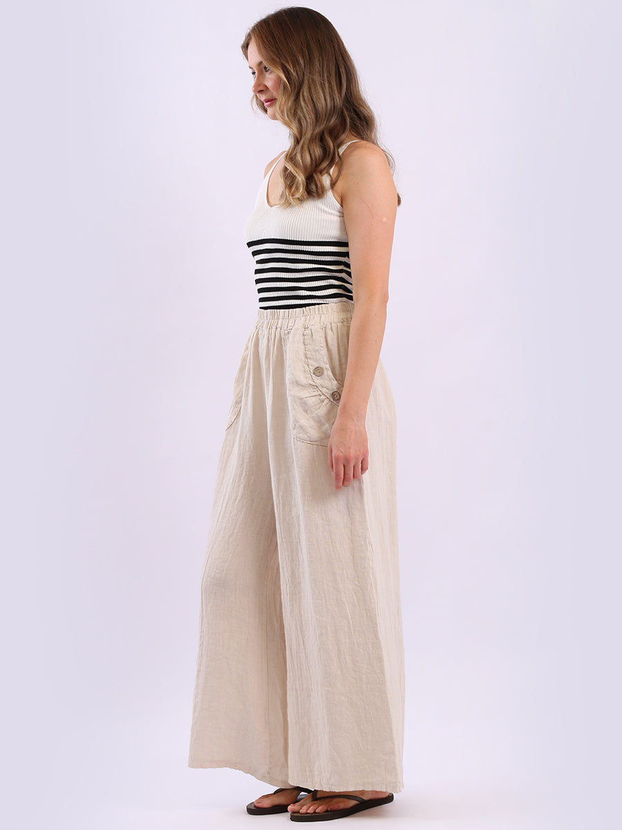 Buttoned Pockets Wide Leg Linen Pant