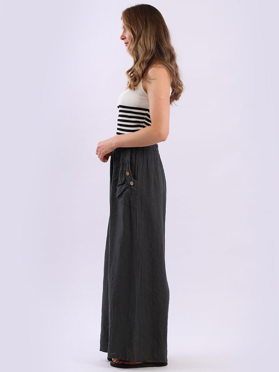 Buttoned Pockets Wide Leg Linen Pant