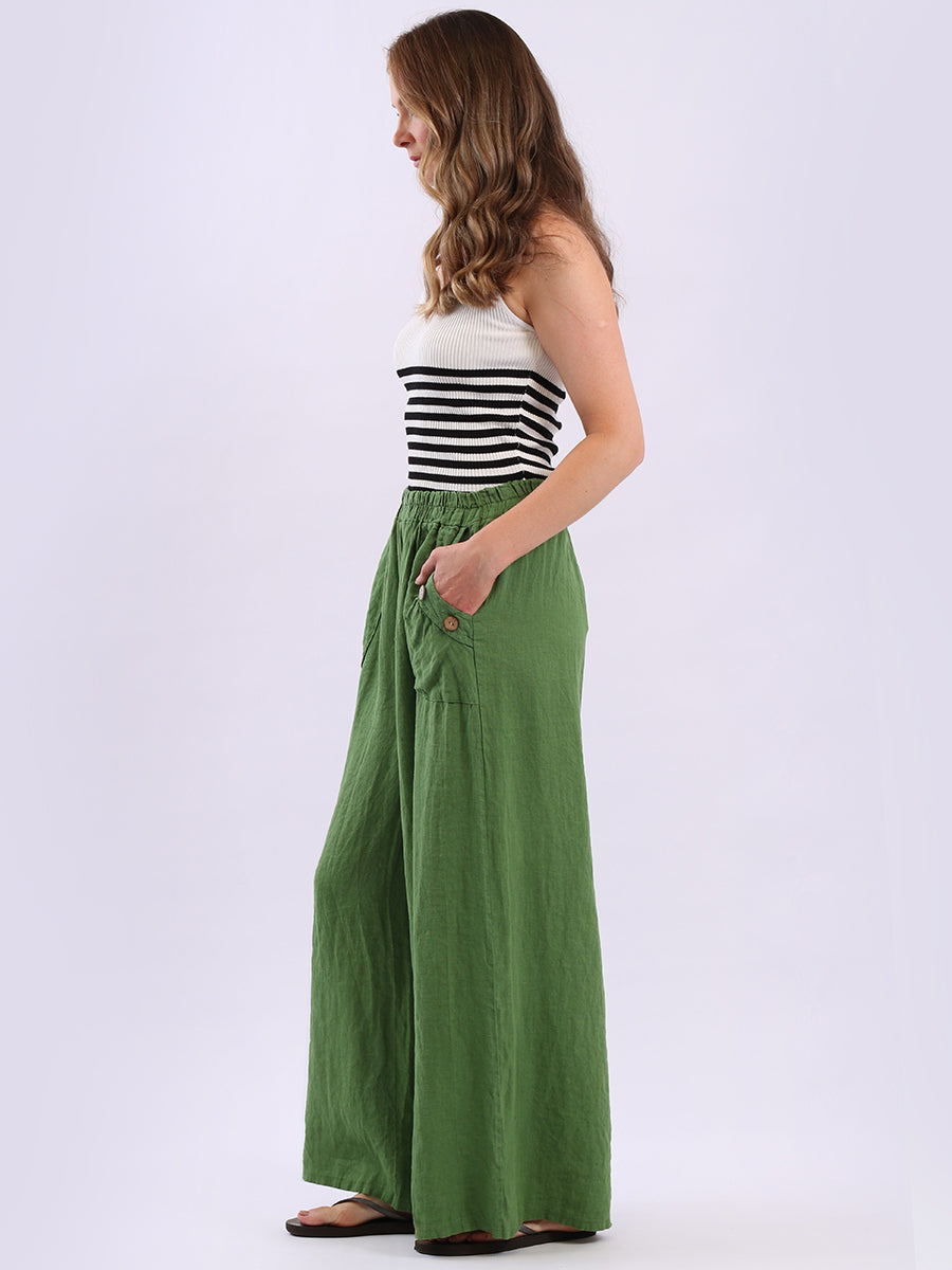 Buttoned Pockets Wide Leg Linen Pant