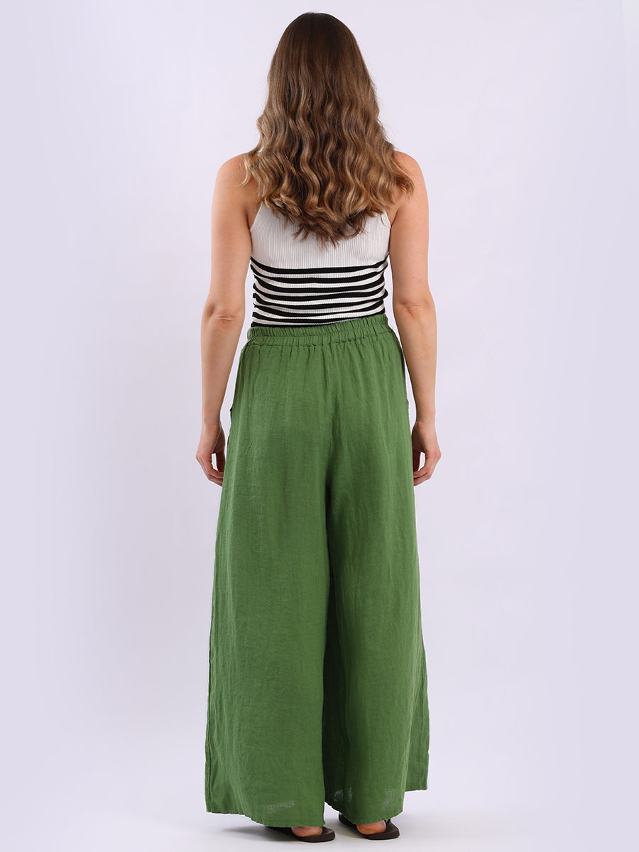 Buttoned Pockets Wide Leg Linen Pant