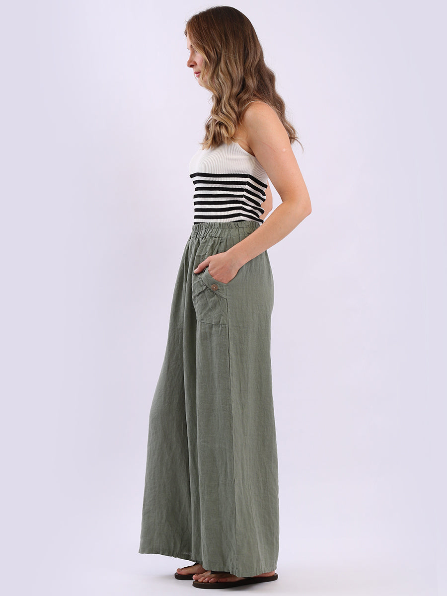 Buttoned Pockets Wide Leg Linen Pant