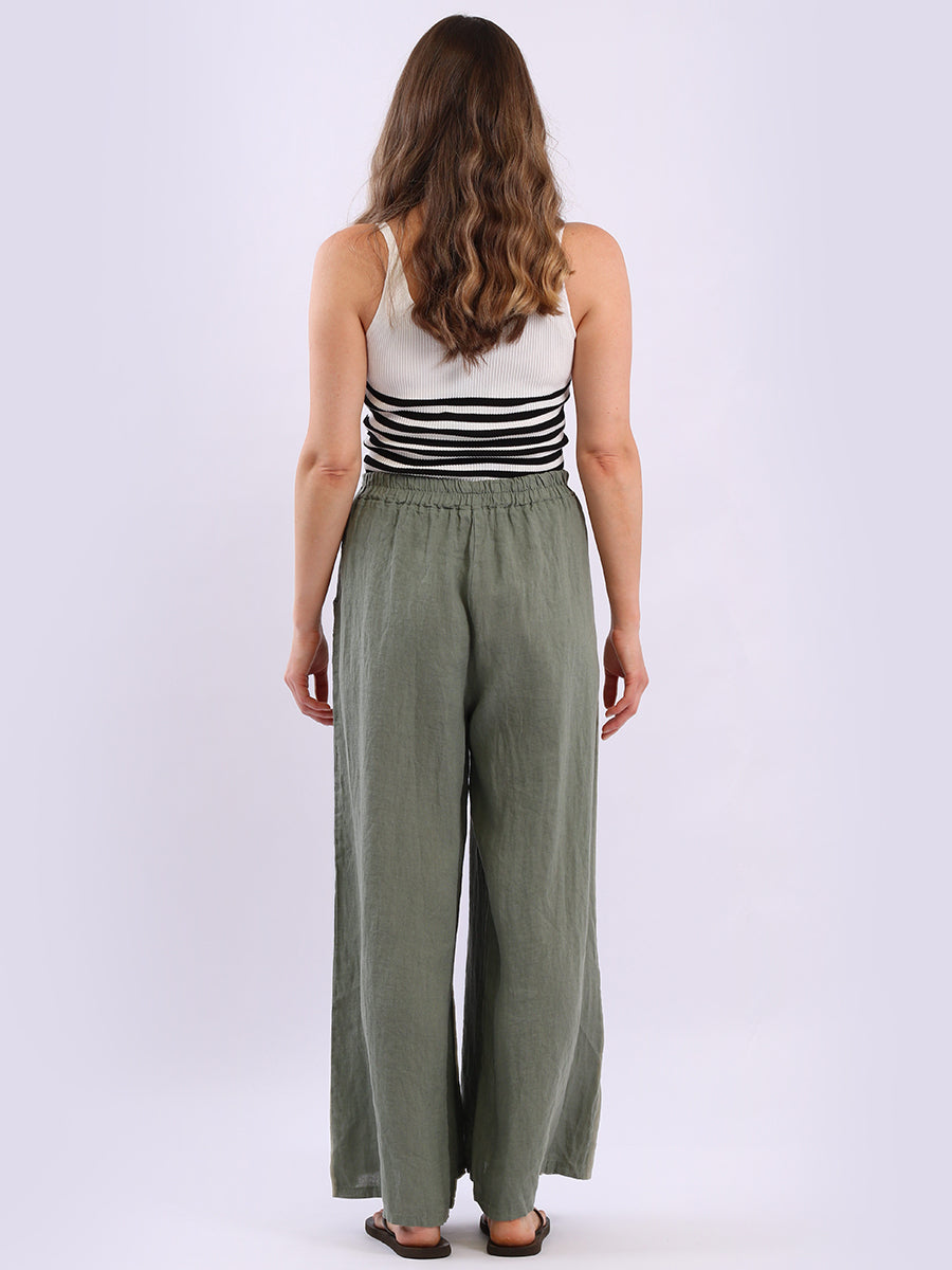 Buttoned Pockets Wide Leg Linen Pant
