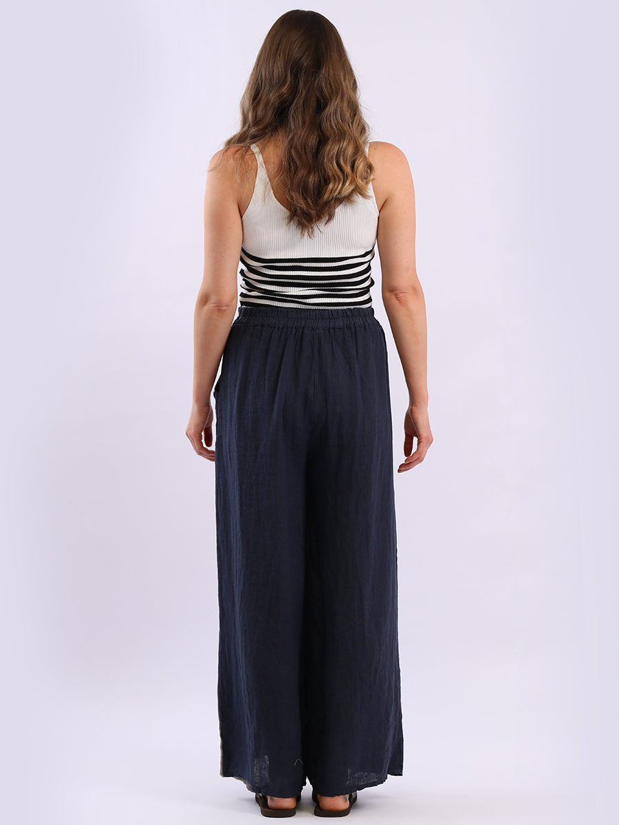 Buttoned Pockets Wide Leg Linen Pant