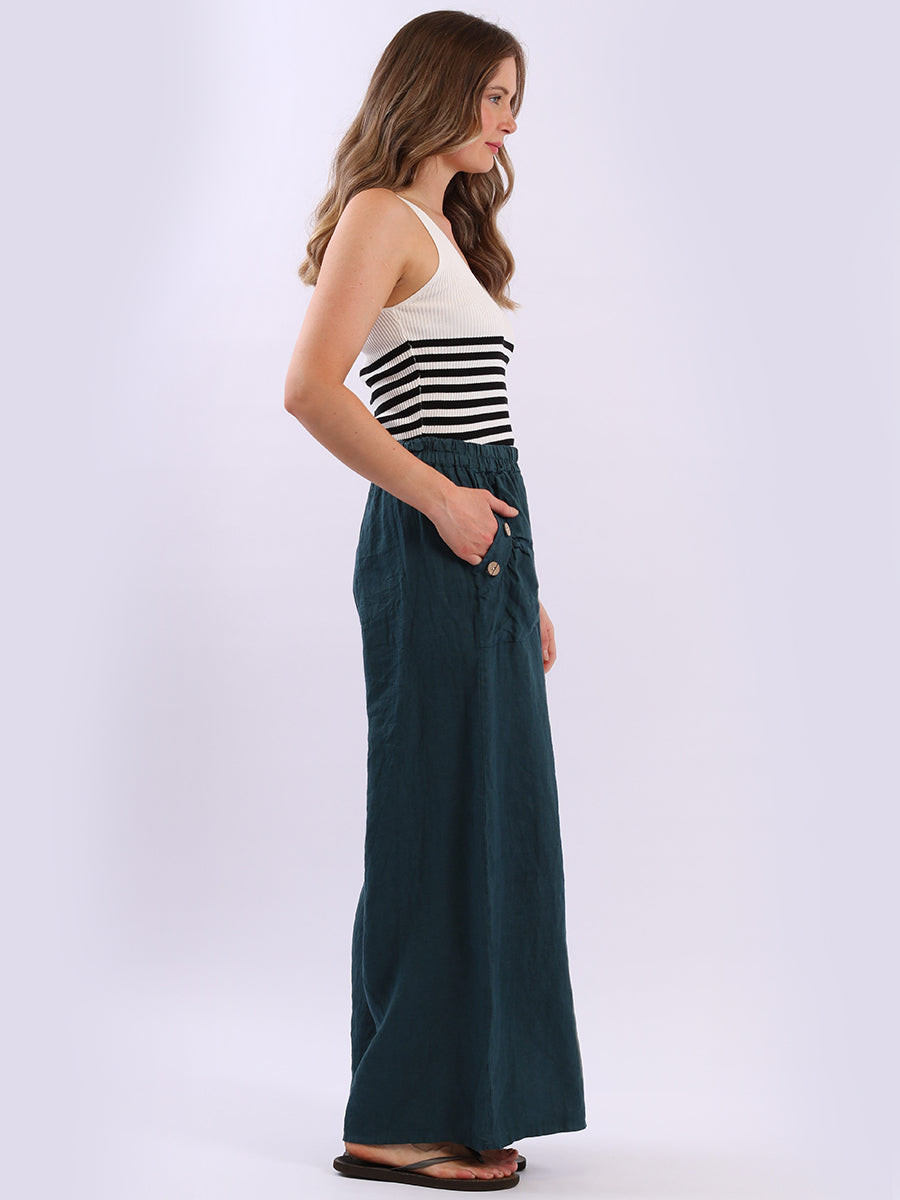 Buttoned Pockets Wide Leg Linen Pant