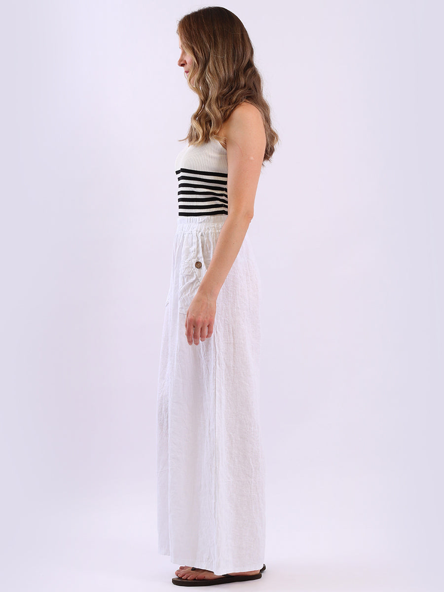 Buttoned Pockets Wide Leg Linen Pant