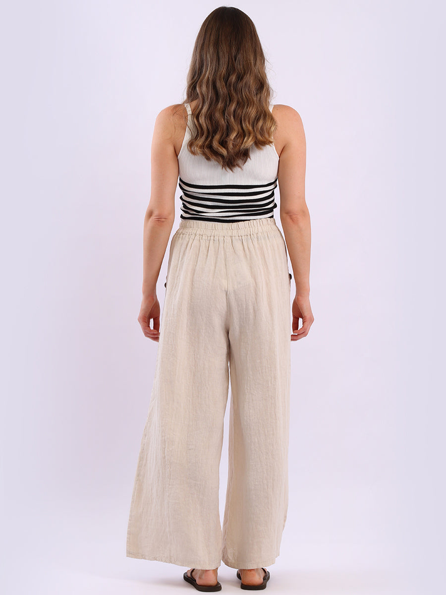 Buttoned Pockets Wide Leg Linen Pant