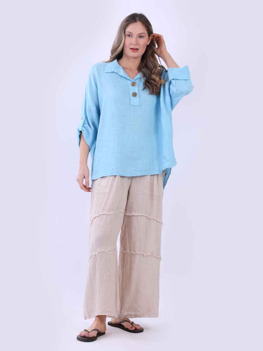 Women Baggy Front Button Solid Linen Top