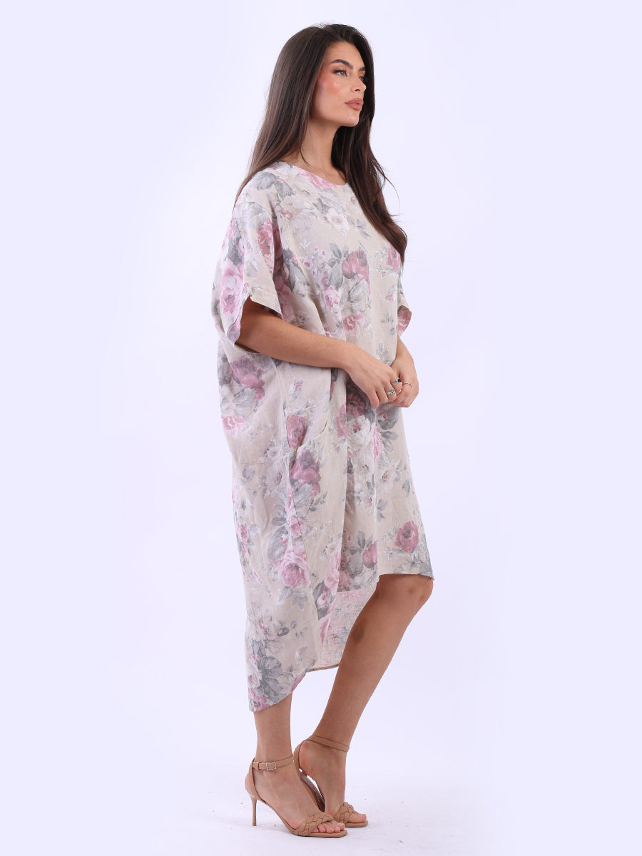 Women Plus Size Floral Linen Dress