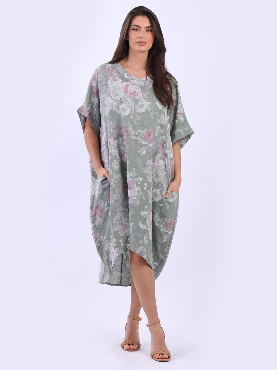 Women Plus Size Floral Linen Dress