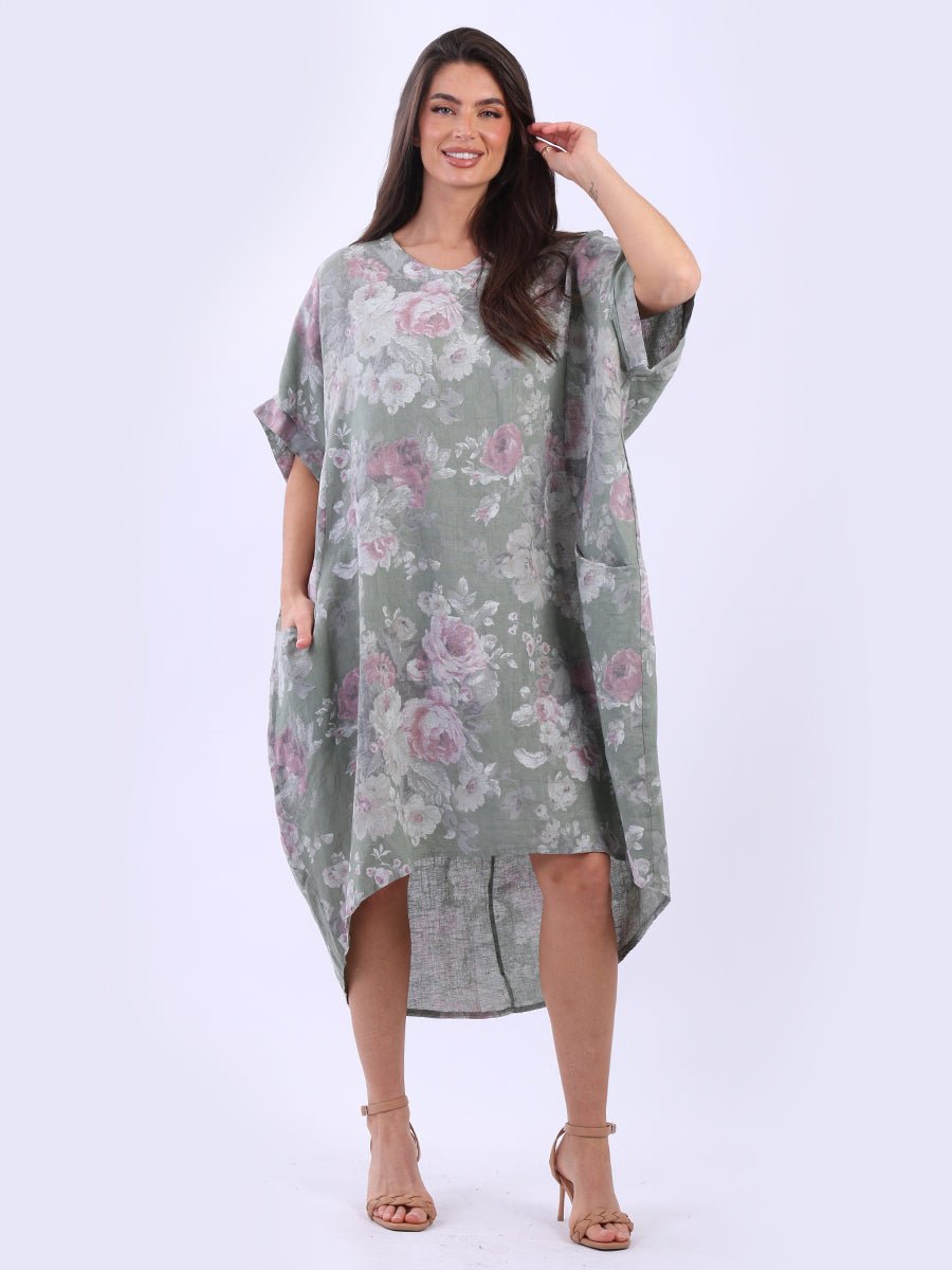 Women Plus Size Floral Linen Dress