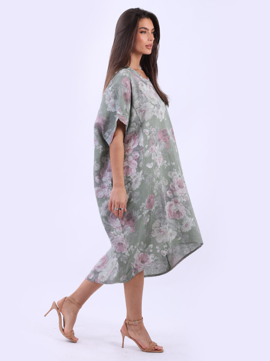 Women Plus Size Floral Linen Dress