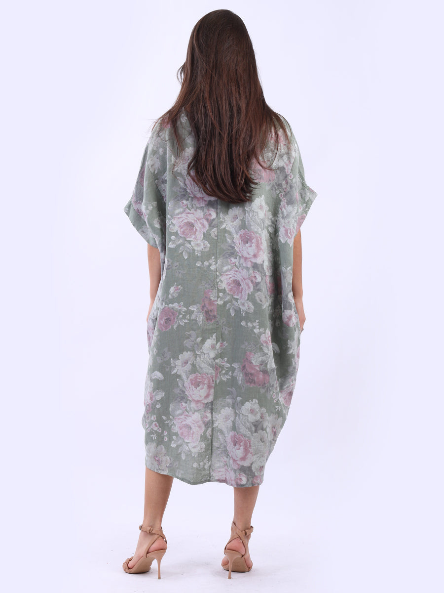 Women Plus Size Floral Linen Dress