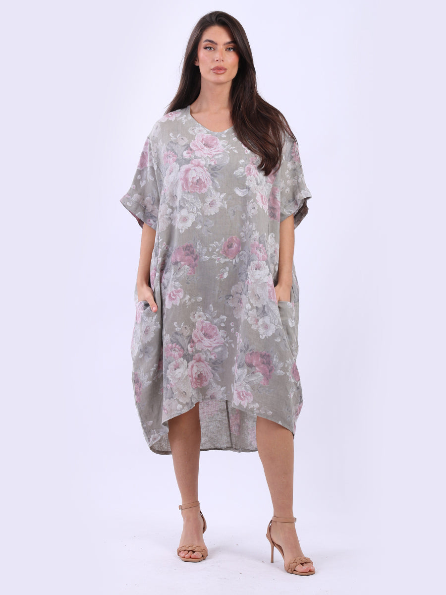 Women Plus Size Floral Linen Dress