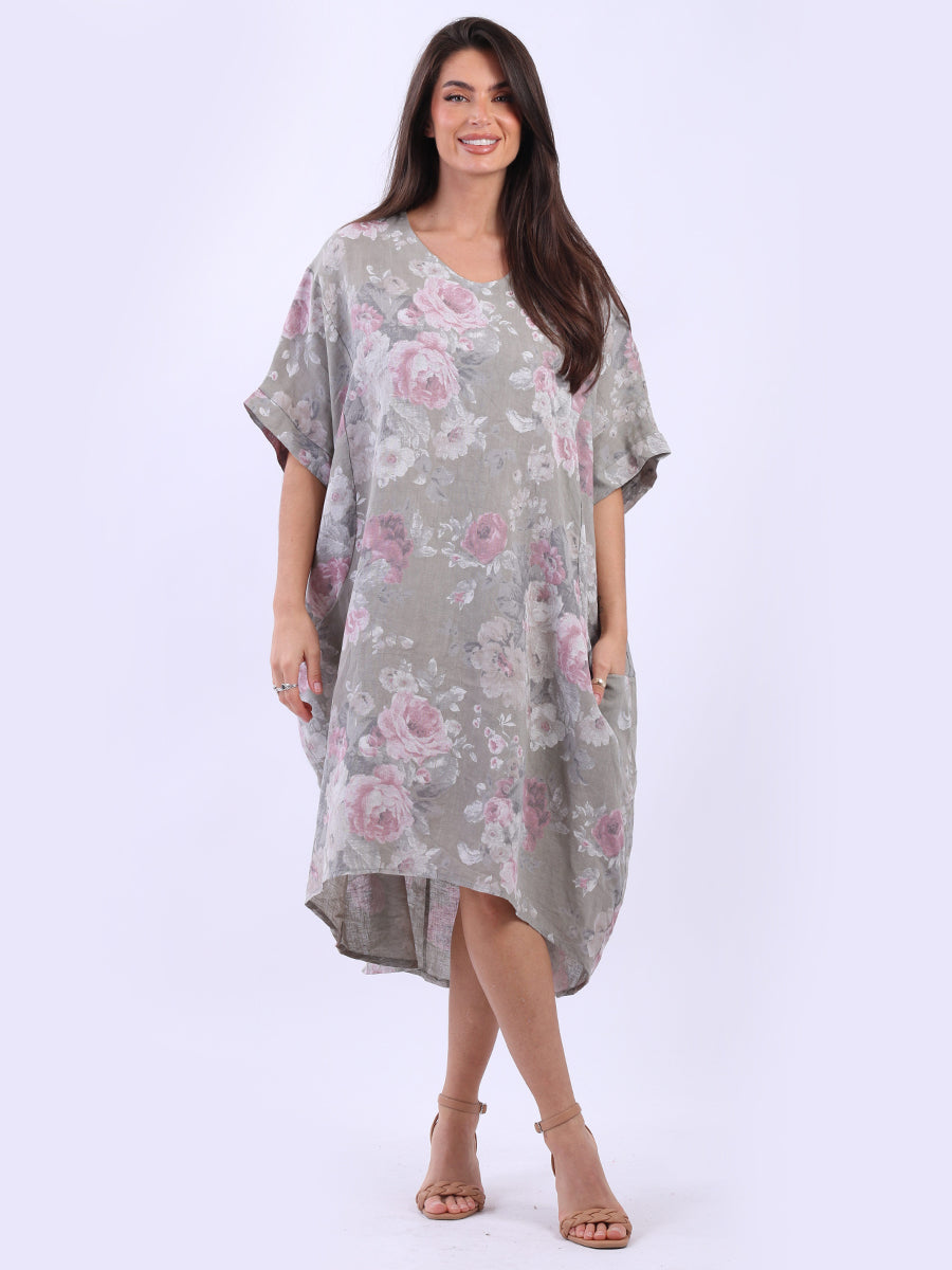 Women Plus Size Floral Linen Dress