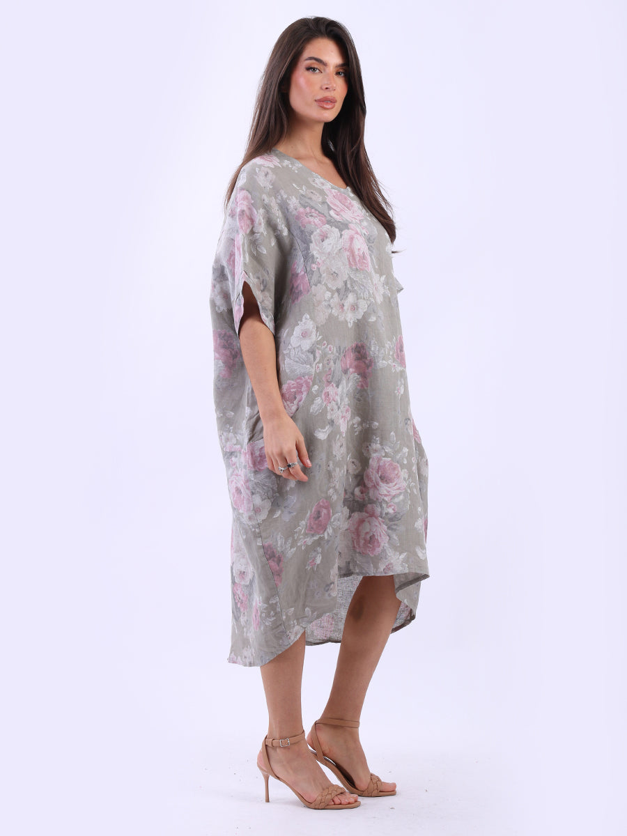 Women Plus Size Floral Linen Dress
