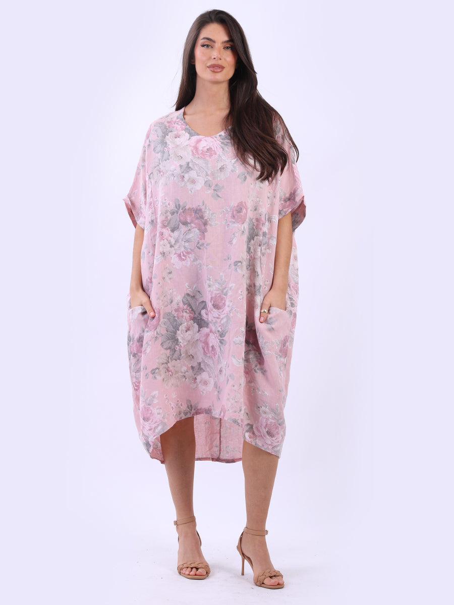 Women Plus Size Floral Linen Dress