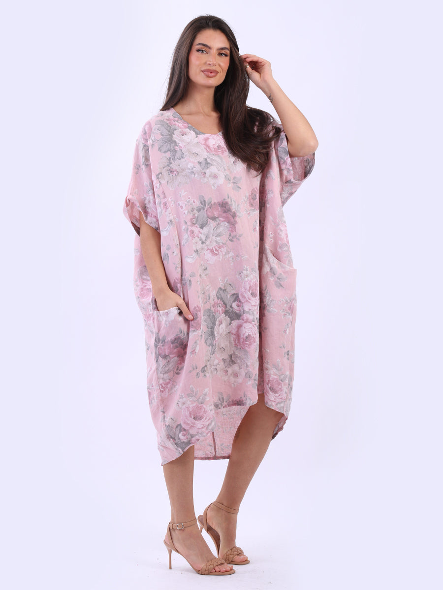Women Plus Size Floral Linen Dress