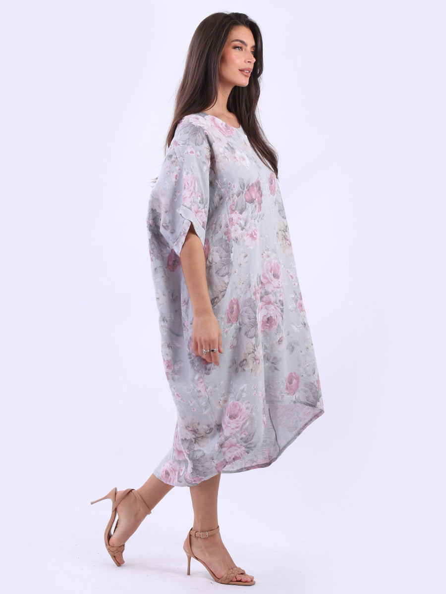 Women Plus Size Floral Linen Dress