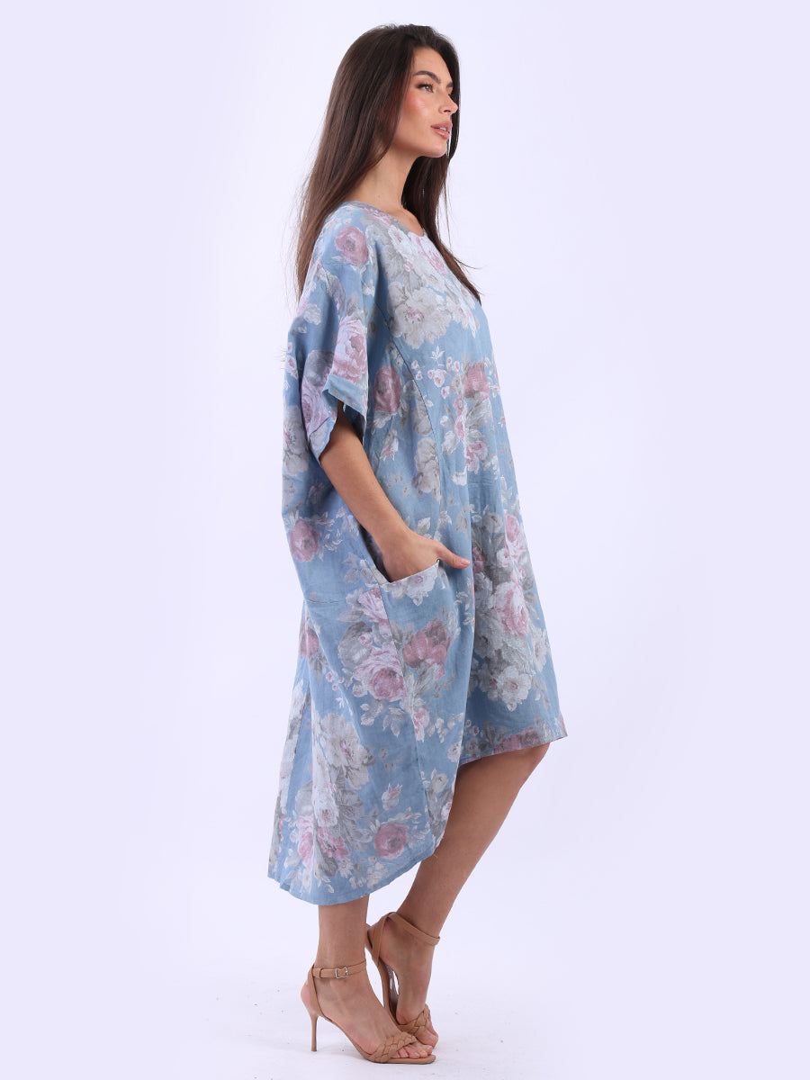 Women Plus Size Floral Linen Dress