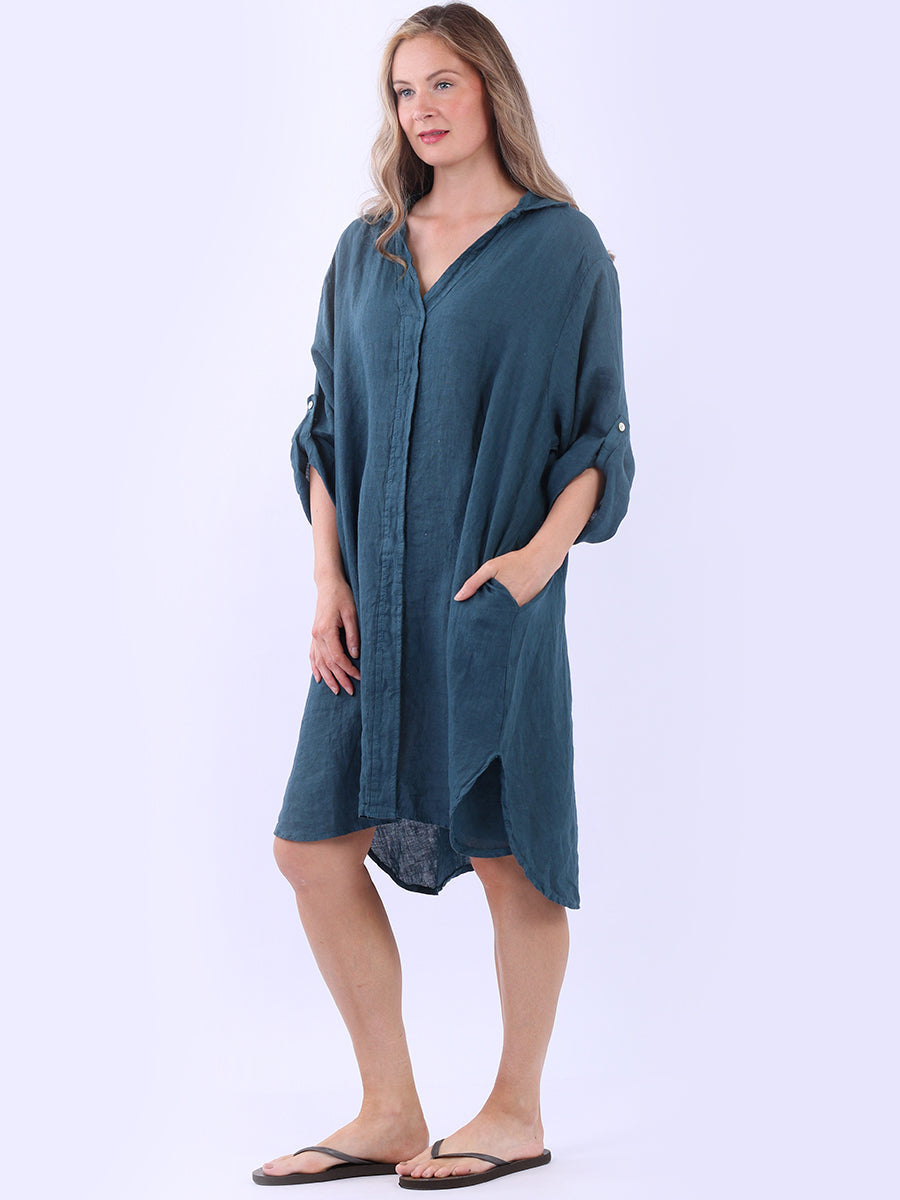 Plus Size Solid Linen Collared Dress