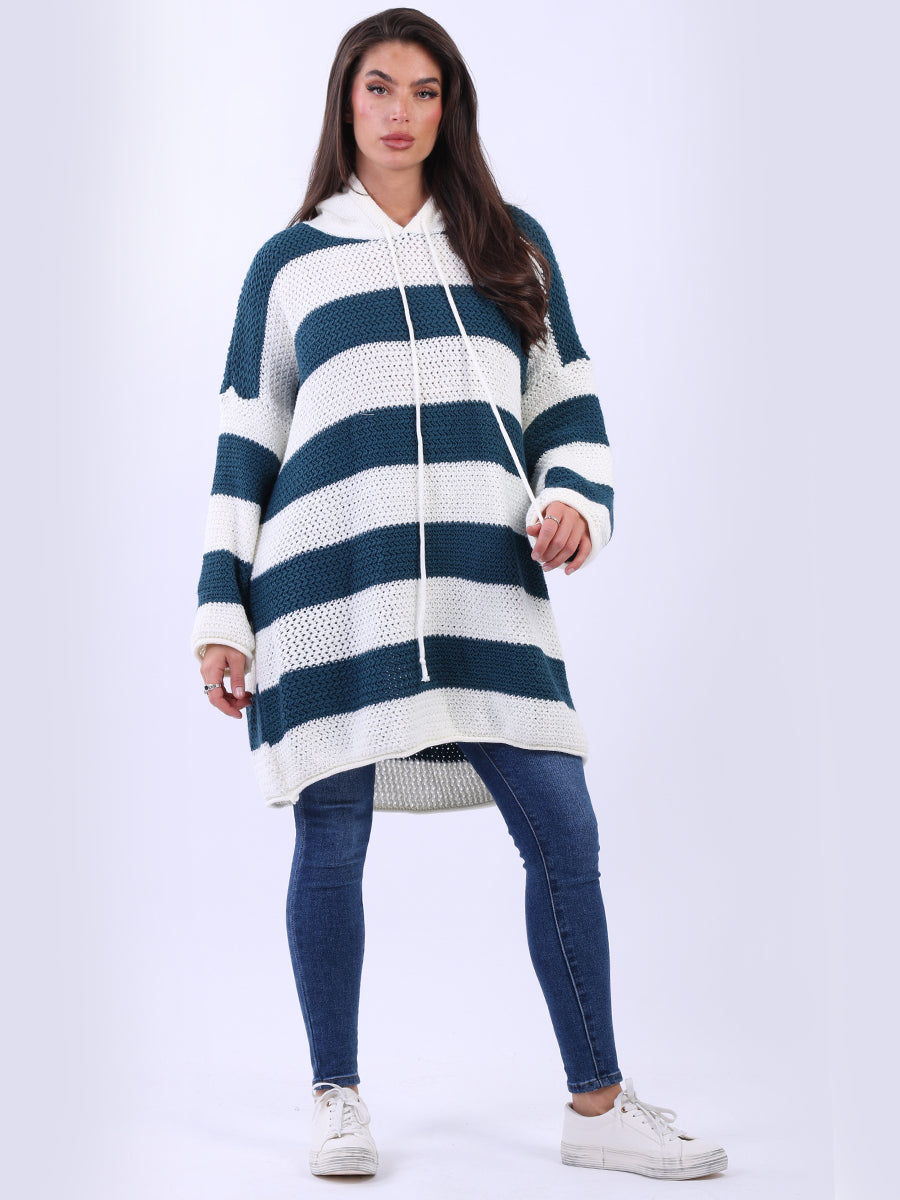 Stripy Plus Size Batwing Chunky Knit Hooded Jumper
