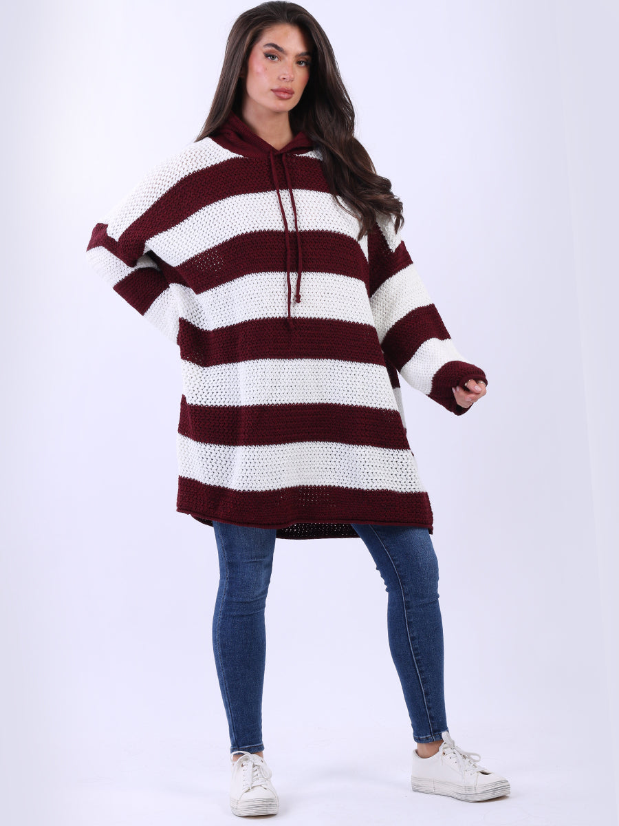 Stripy Plus Size Batwing Chunky Knit Hooded Jumper