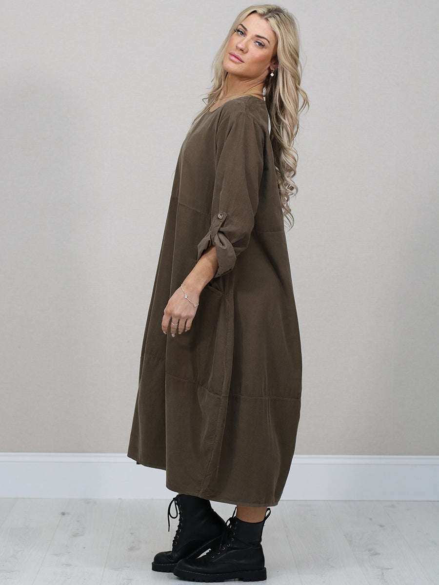 Plain Cotton Corduroy Plus Size Midi Dress