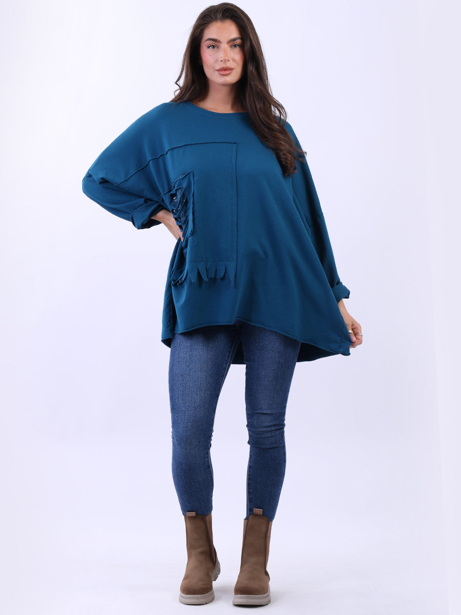 Sequin Ripped Batwing Cotton Oversized T-Shirt