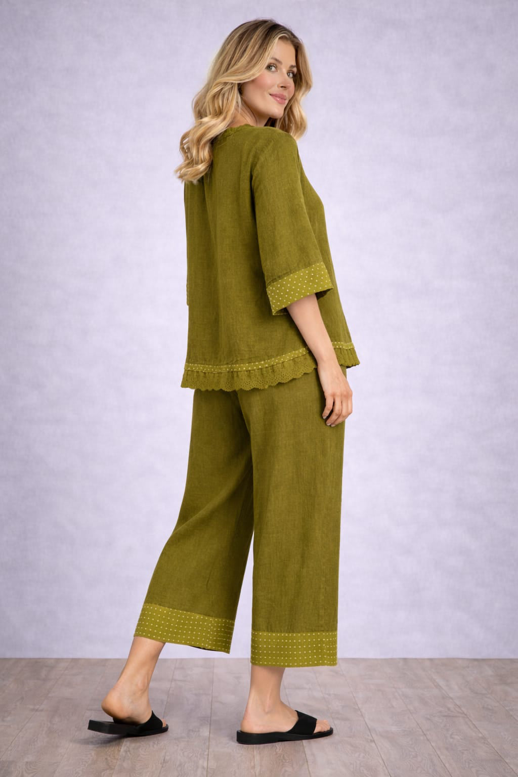 Ruffle Polka Trim Crop Linen Blouse