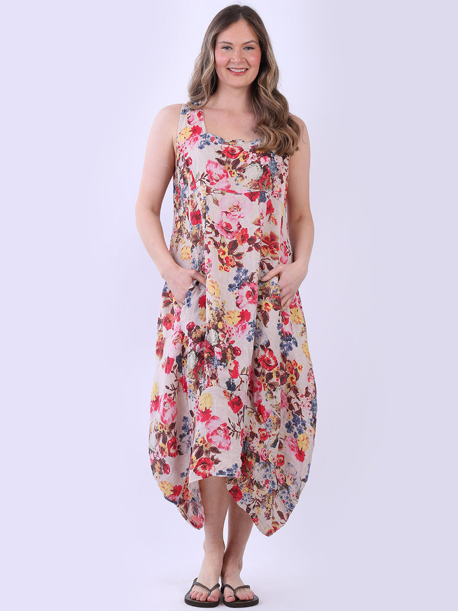Sleeveless Floral Linen Dress Beige