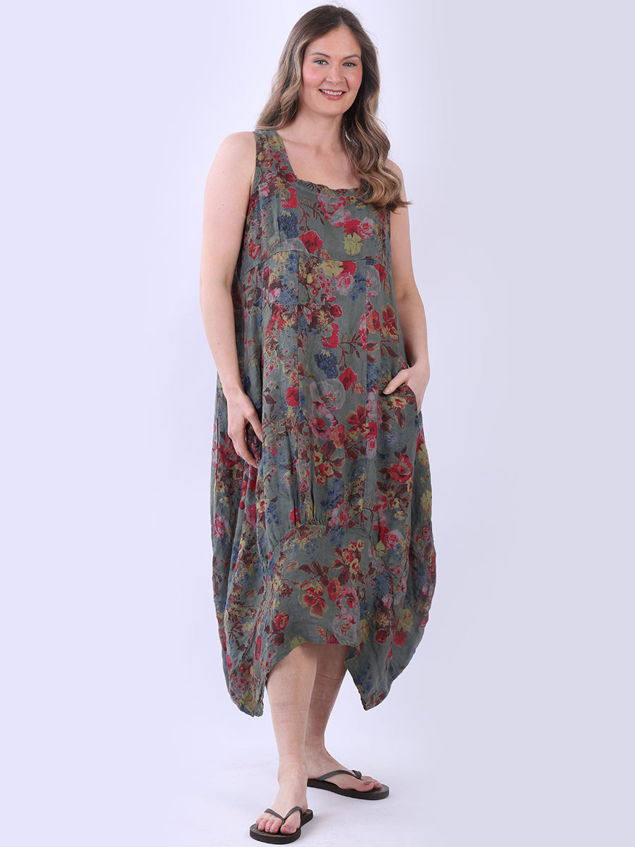 Sleeveless Floral Linen Dress Khaki