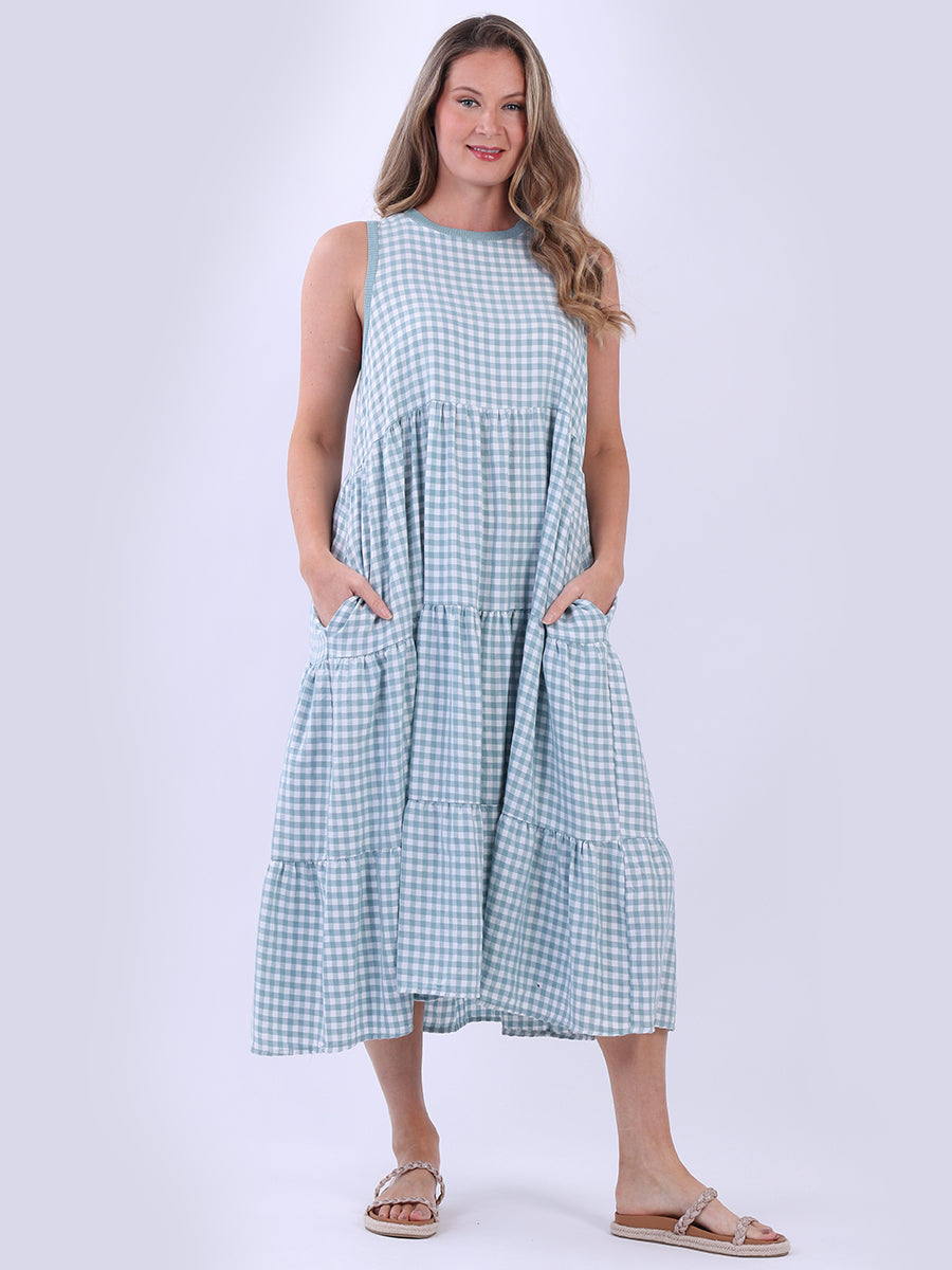 A Line Gingham Sleeveless Tiered Midi Dress