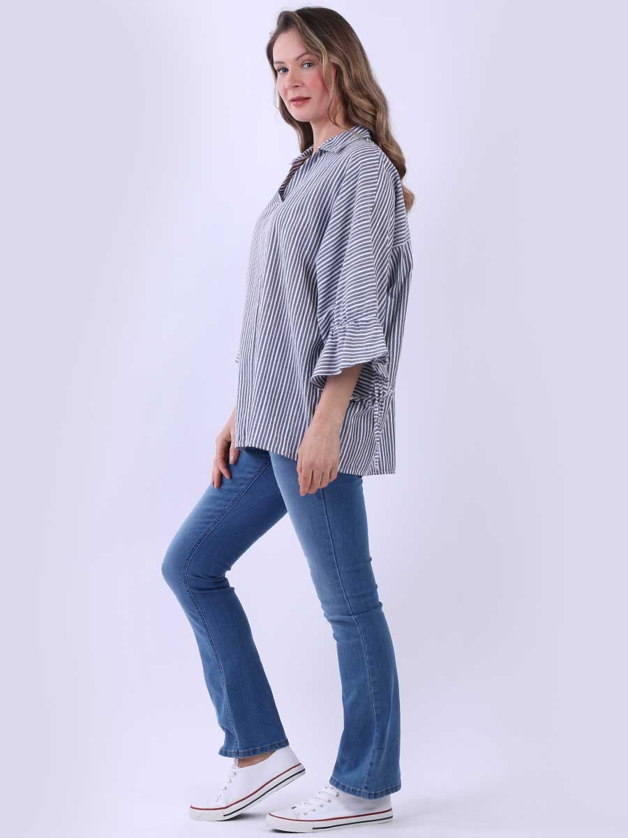 Women Stripy Print Collared Neck Cotton Shirt
