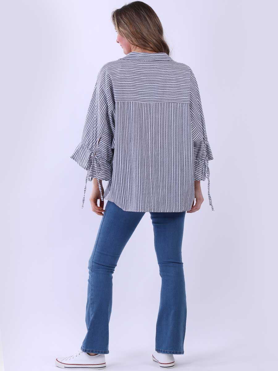 Women Stripy Print Collared Neck Cotton Shirt