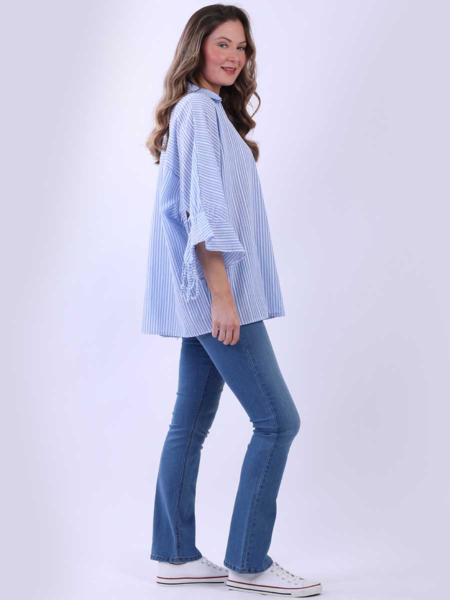 Women Stripy Print Collared Neck Cotton Shirt