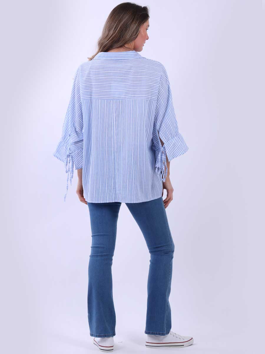 Women Stripy Print Collared Neck Cotton Shirt