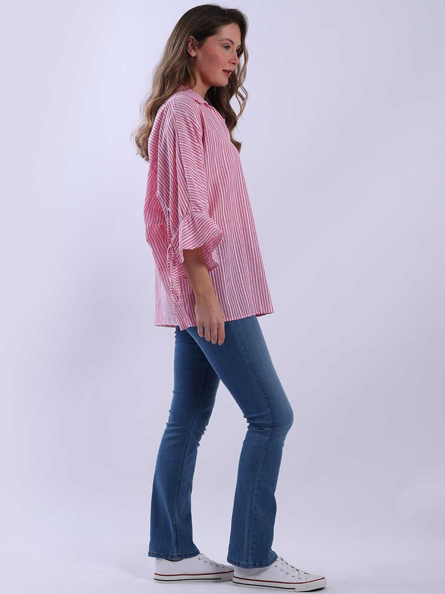 Women Stripy Print Collared Neck Cotton Shirt